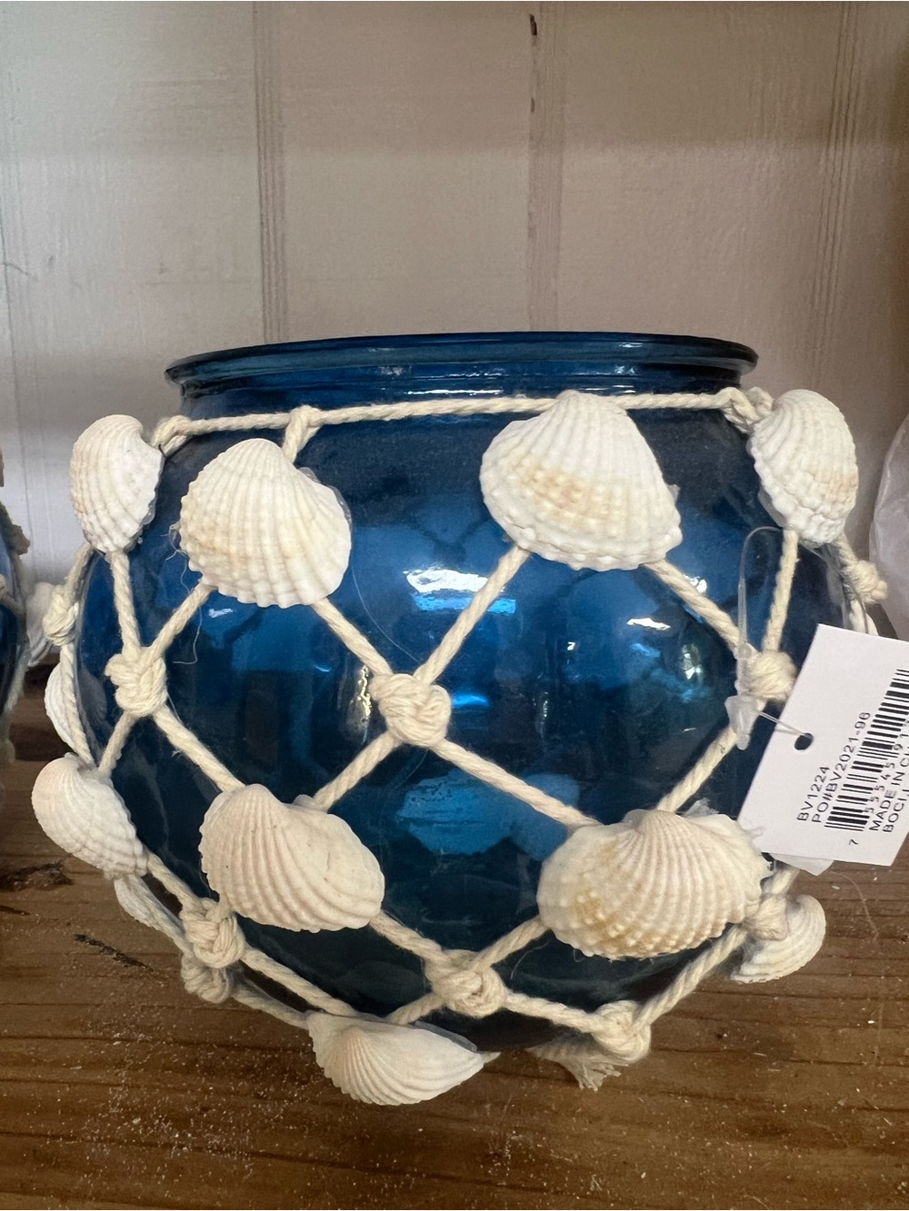 Set of 2 Blue Seashell Glass Vase with Rope Accent